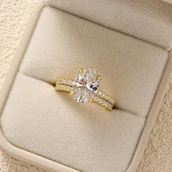 18K Yellow Gold 3.5ct Oval Diamond Ring Set 925 Sterling Silver Wedding Bridal - Picture 2 of 4